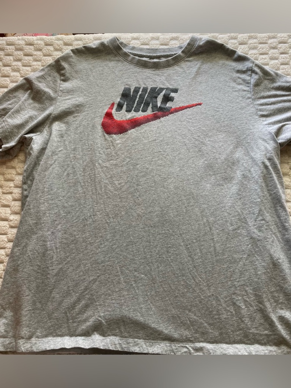 Nike Short-Sleeve Gray Tee with Red Swoosh and Black Logo